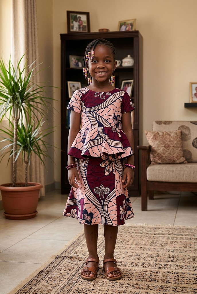 African girl wearing a burgundy and pink Ankara peplum dress