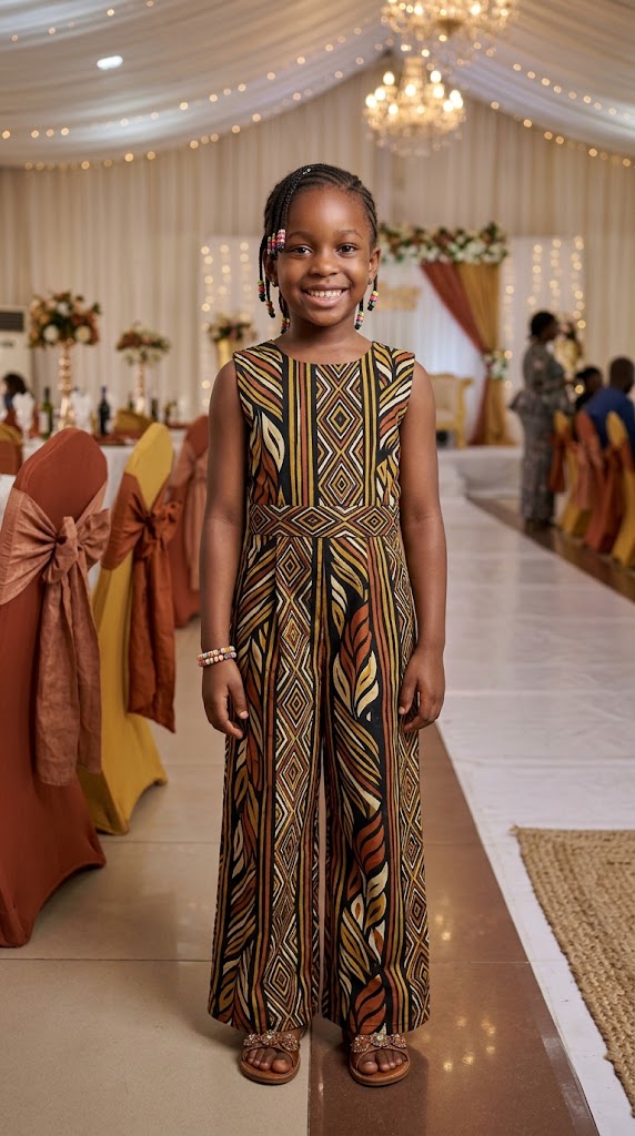 African girl wearing a wide-leg Ankara jumpsuit
