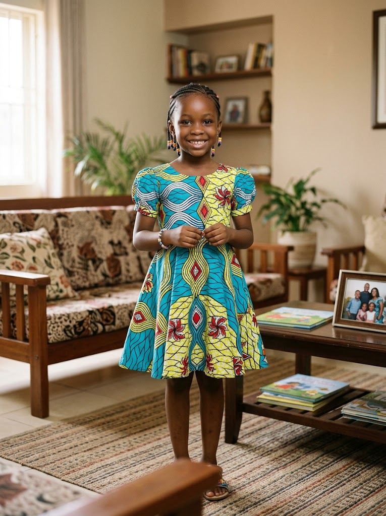 Young African girl wearing a colorful Ankara short gown