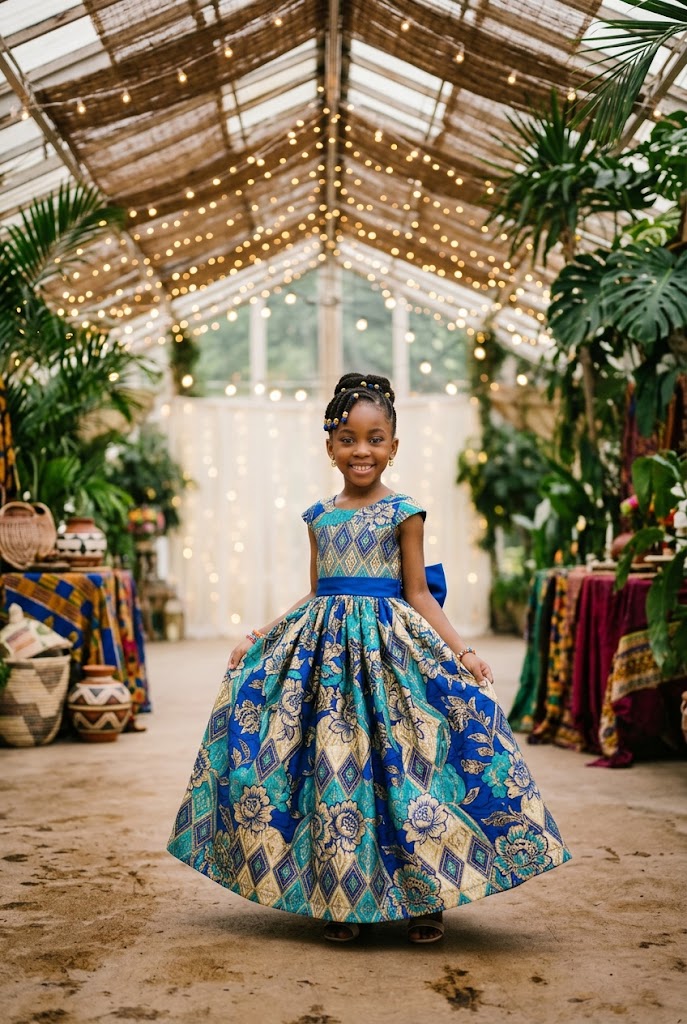 Young African girl wearing an elegant Ankara princess gown