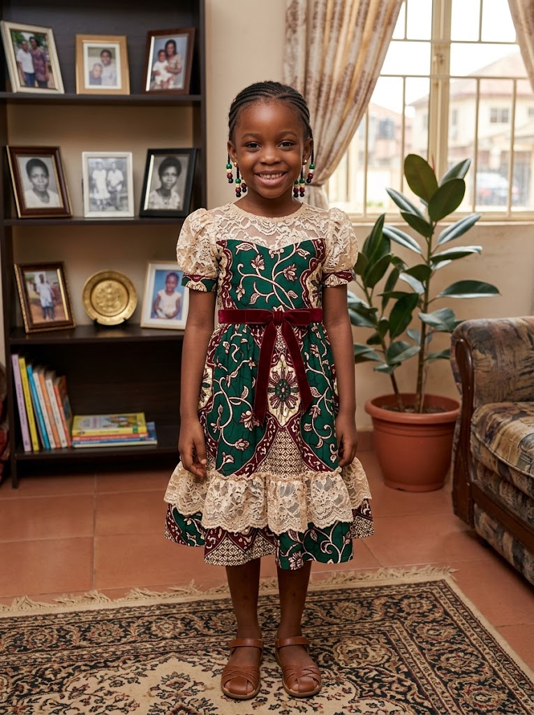 Young African girl wearing an Ankara and lace dress