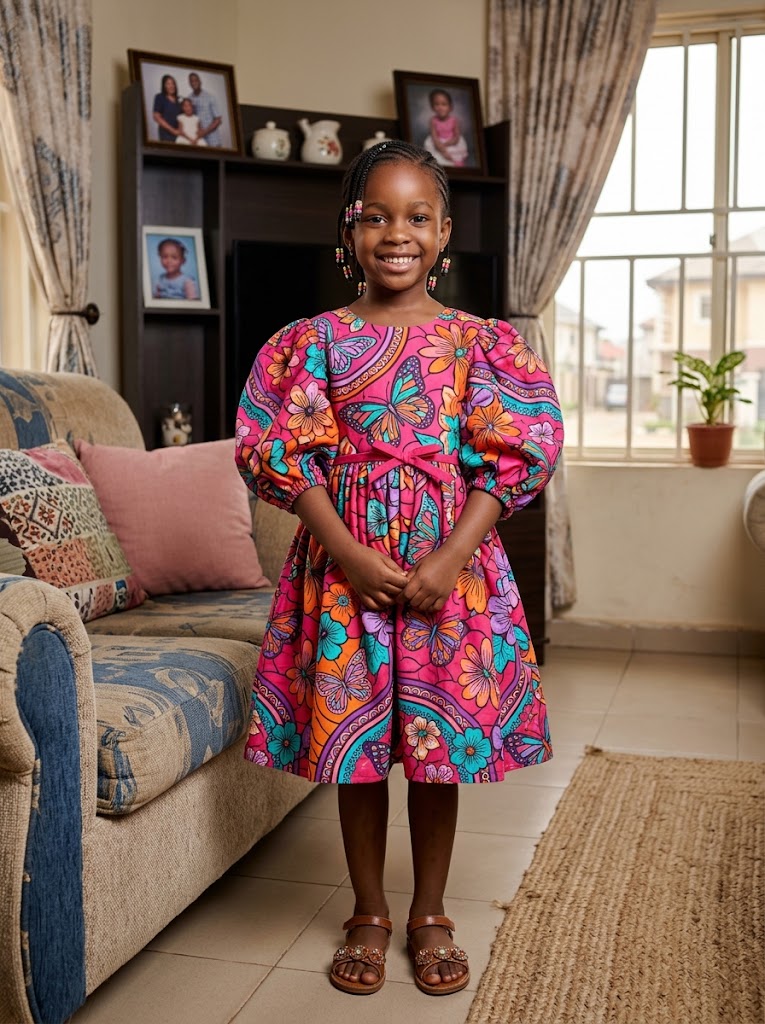 Young African girl wearing an Ankara puff sleeve dress