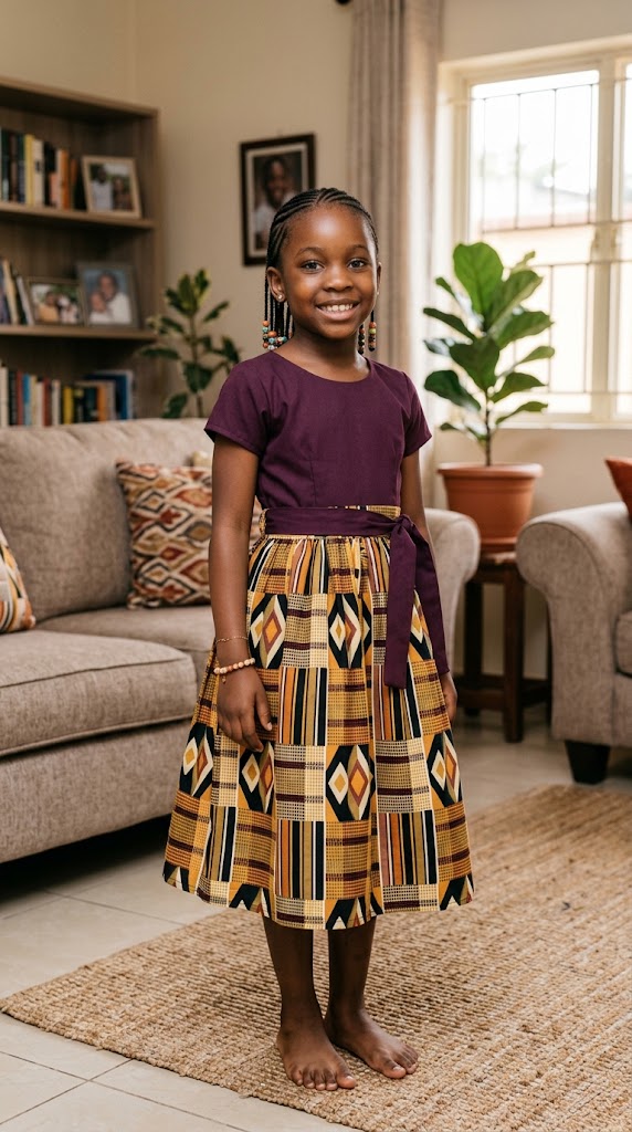 African girl wearing an Ankara and plain fabric combination dress