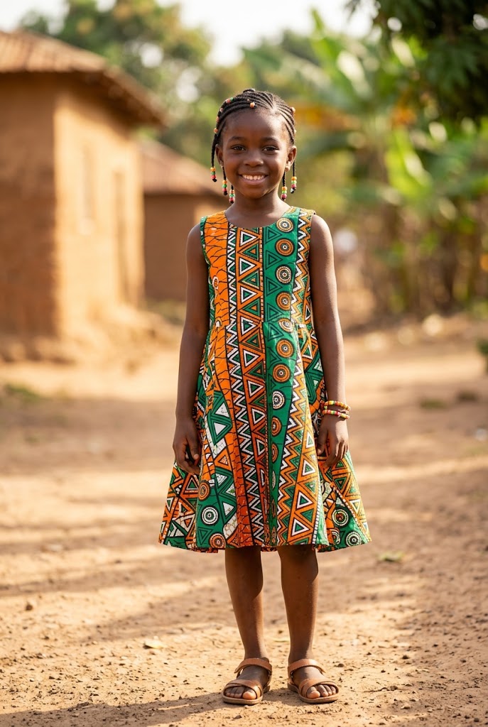 Young African girl wearing a colorful Ankara A-line dress