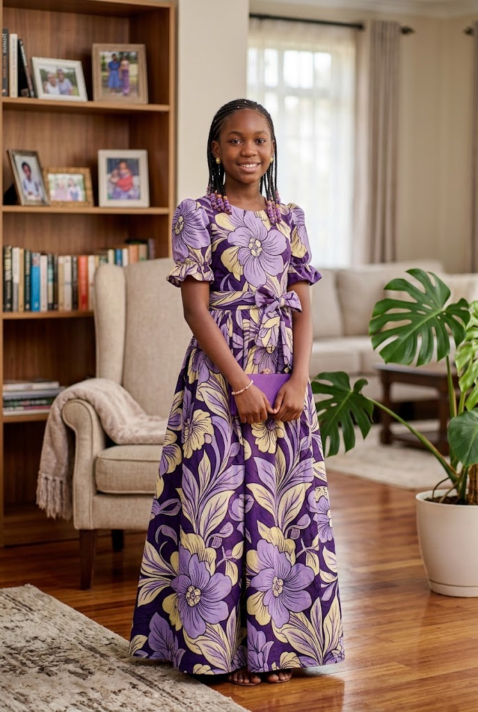 African girl wearing a purple Ankara maxi dress