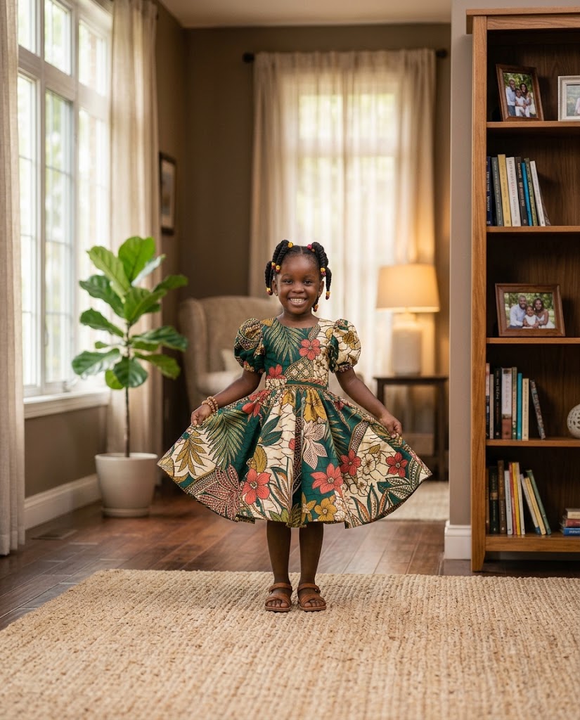 Young African girl wearing a colorful Ankara flare dress