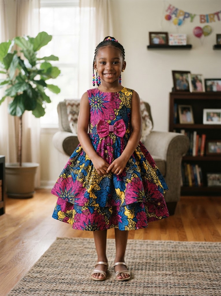 African girl wearing a colorful Ankara party dress