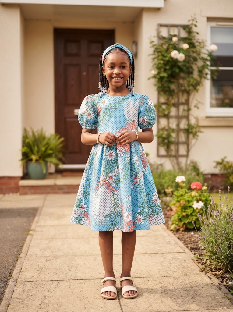 Young African girl wearing an Ankara dress with matching headband