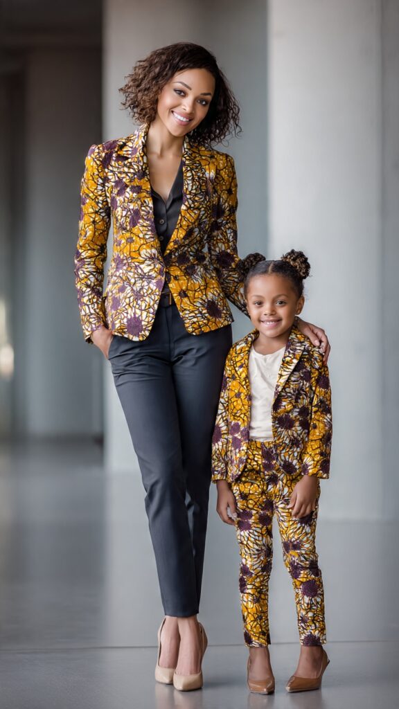 African mother and daughter wearing matching structured Ankara blazers in bold African print with elegant trousers and heels, standing against a modern stylish backdrop`