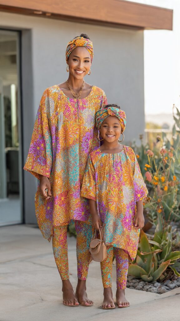 `African mother and daughter wearing matching Ankara jackets and skirts in a bold new African print, standing outdoors with a stylish background