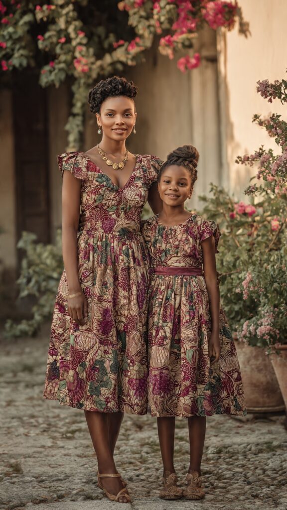 `African mother and daughter wearing matching Ankara A-line dresses in the same colorful African print at a beautiful event venue