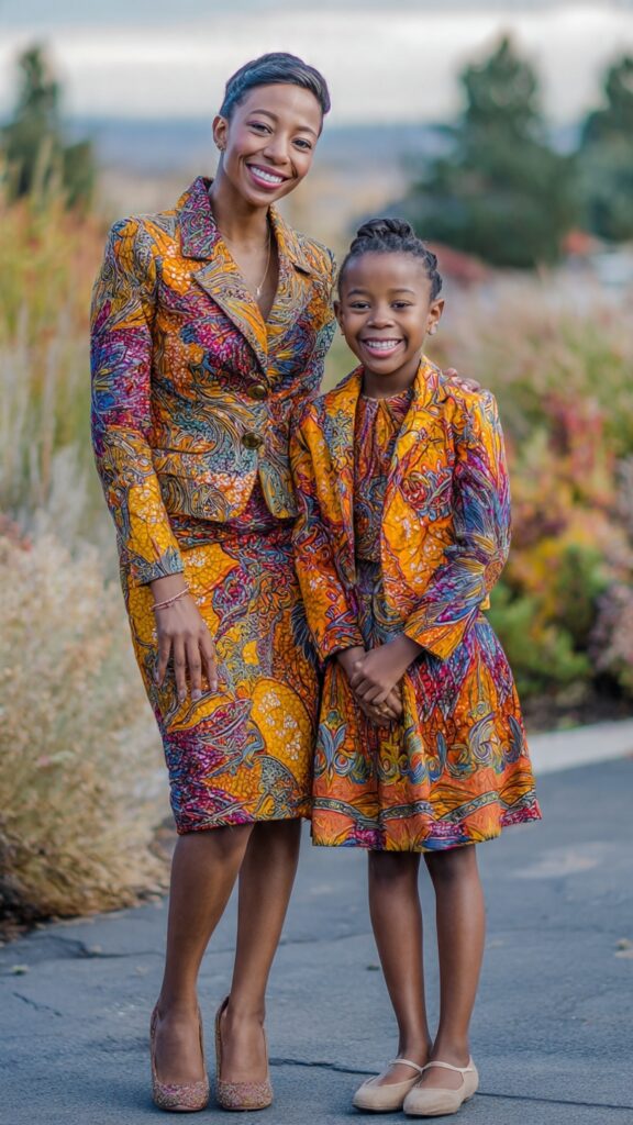 `African mother and daughter wearing matching Ankara jackets and skirts in a bold new African print, standing outdoors with a stylish background