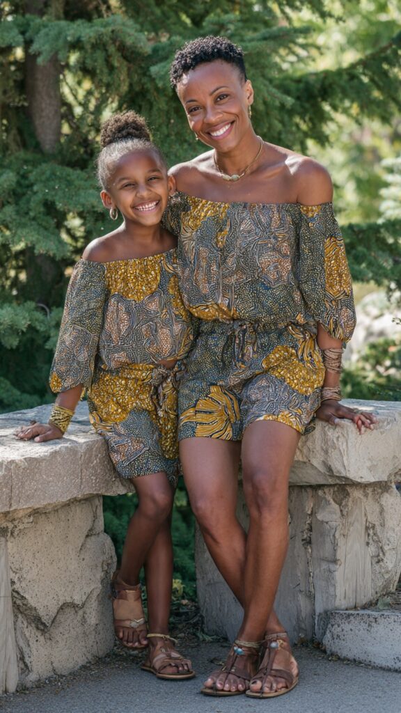 African mother and daughter wearing matching Ankara shorts and tops with sandals, smiling outdoors with greenery in the background on a sunny day`