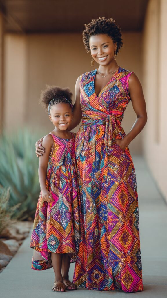 African mother and daughter wearing matching bright colorful Ankara wrap-style dresses with tie waists, standing outdoors in front of a building with a garden`