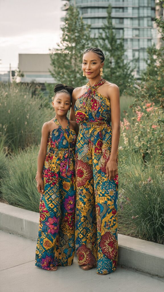 `African mother and daughter wearing matching Ankara jumpsuits made from the same vibrant African print fabric standing outdoors in front of a modern building`