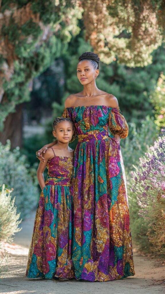 `African mother and daughter wearing matching Ankara maxi dresses made from the same colorful African print fabric, standing in front of a modern house with a garden