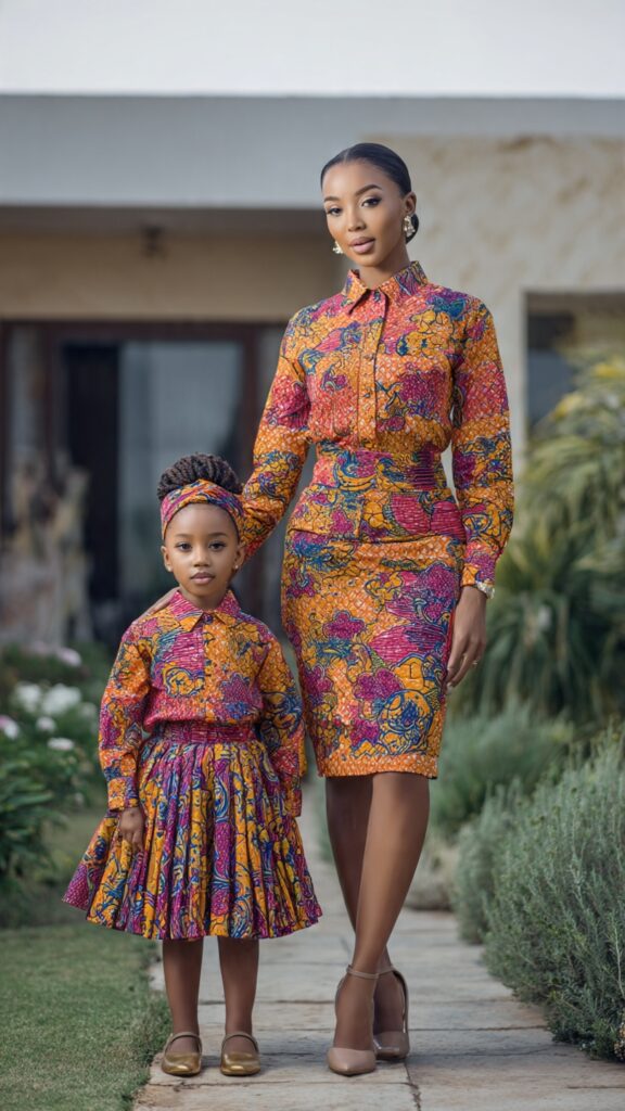 `African mother and daughter wearing matching Ankara blouses and skirts made from the same African print fabric, with matching headbands and handbags, standing in front of a building and garden`