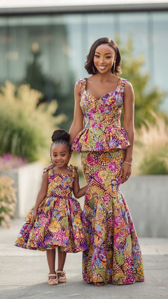 `African mother and daughter wearing matching Ankara peplum dresses made from the same vibrant African print fabric at an outdoor event