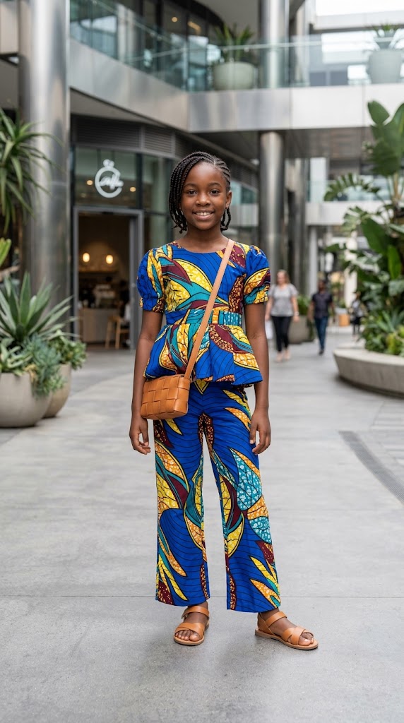 Cheerful African girl wearing a colorful Ankara flare dress