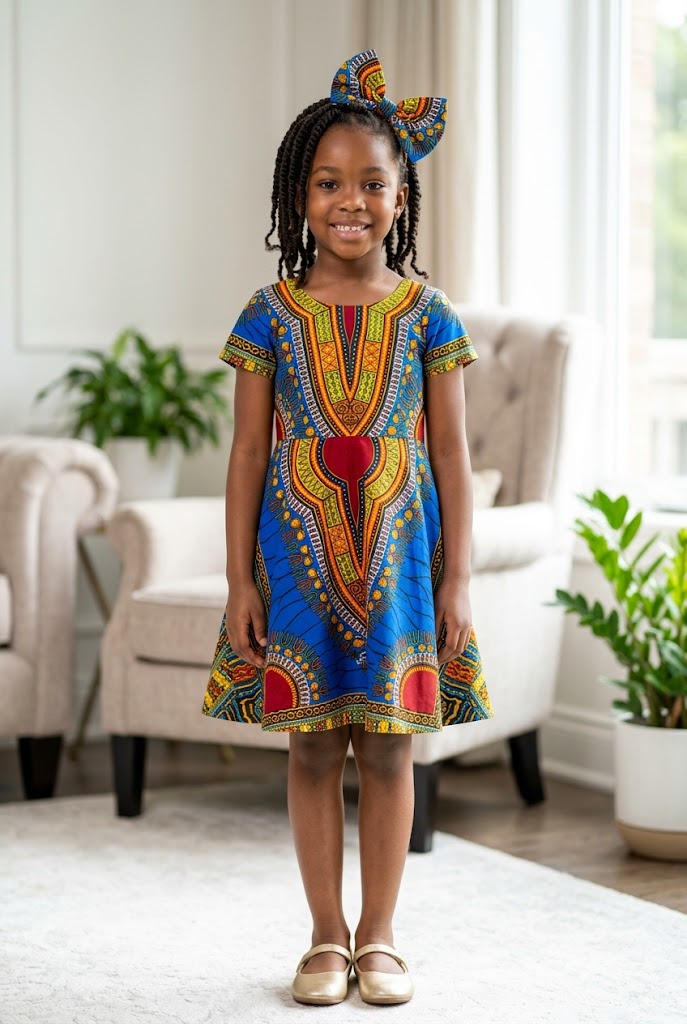 Little African girl wearing a colorful Ankara A-line dress