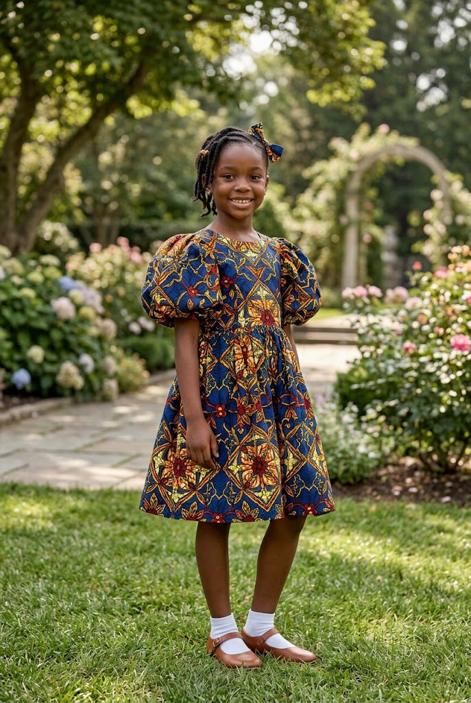 African girl wearing an Ankara puff-sleeve dress