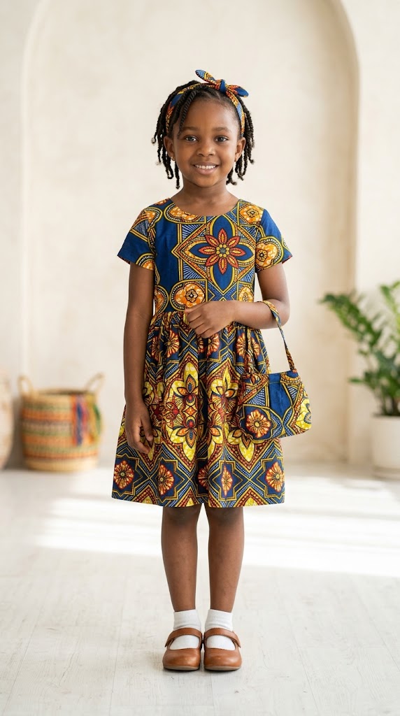 Little African girl wearing Ankara dress with matching headband
