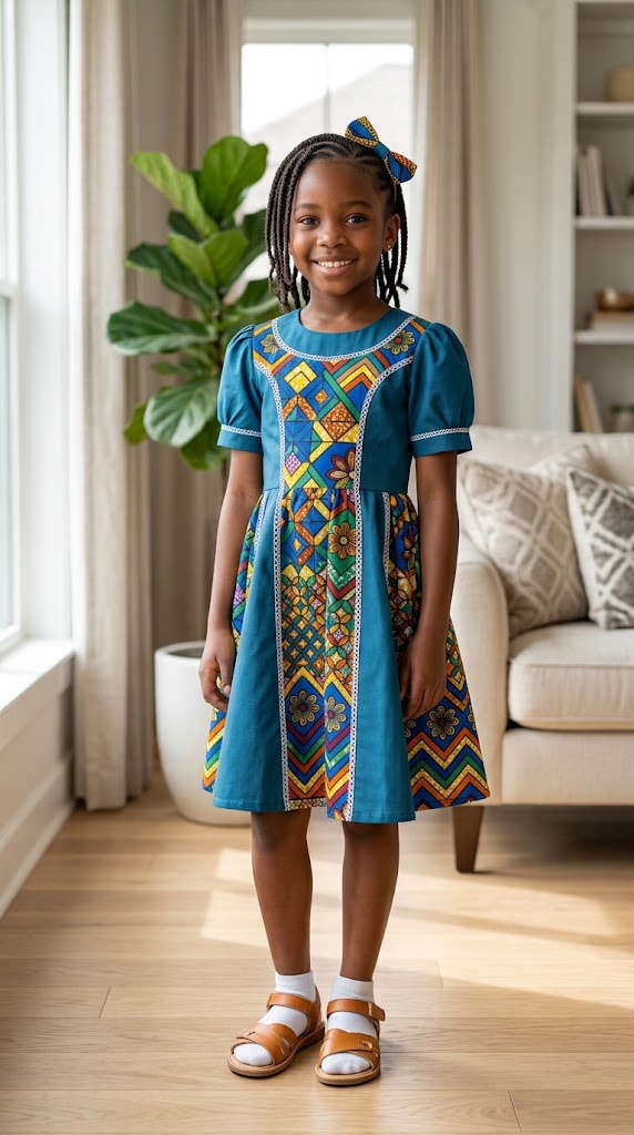 African girl wearing an Ankara and plain fabric combination dress