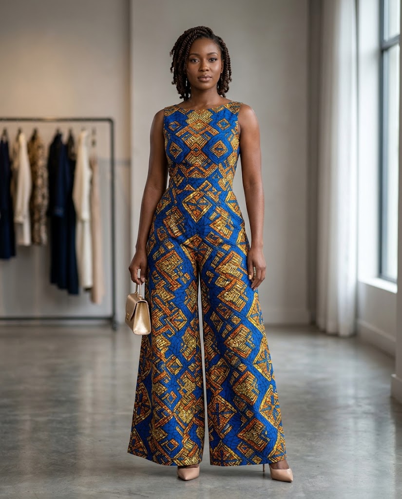 Elegant African woman wearing a wide-leg Ankara jumpsuit