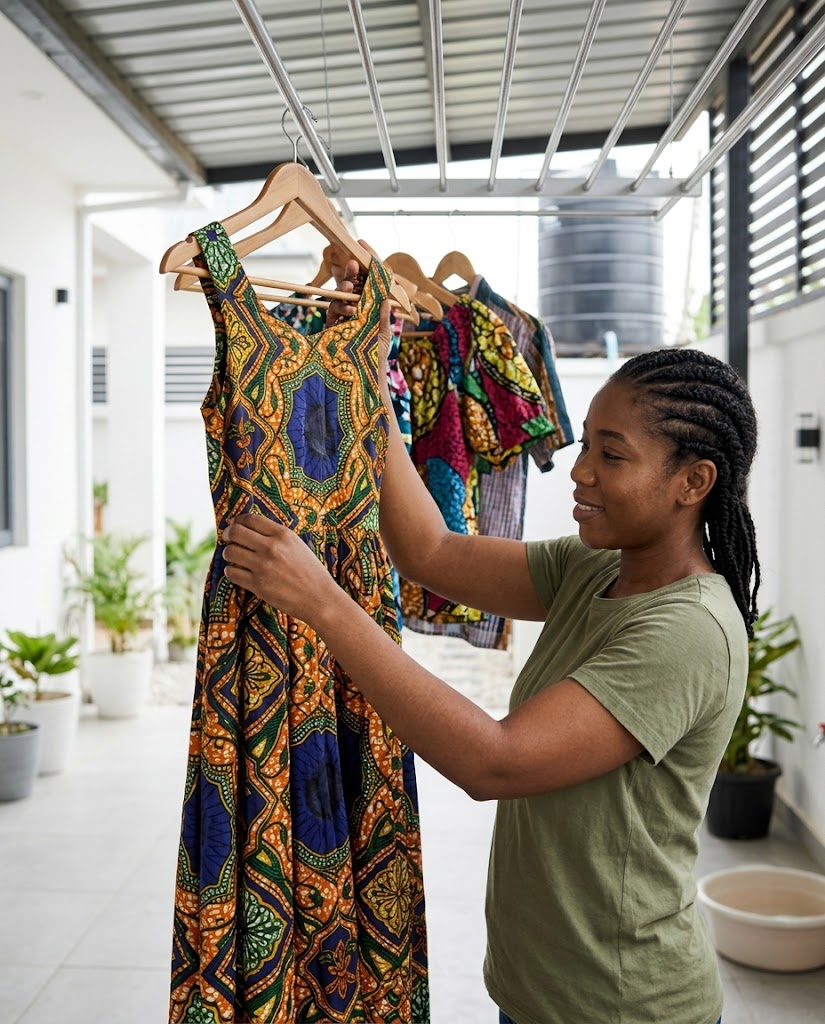 African woman hanging a freshly washed Ankara dress to dry in a well-ventilated area