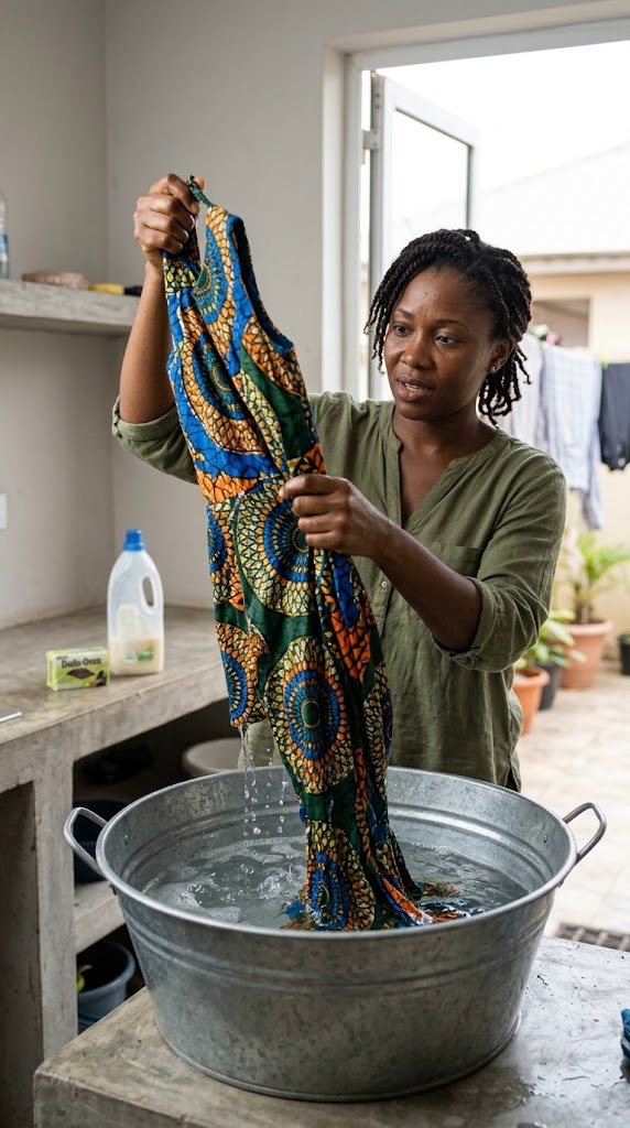 Conversation with GeminiGenerate this original AI realistic image for me in portrait 5. Ironing an Ankara Dress Safely Placement: Under “Iron at the Right Temperature.” AI image description: A highly realistic professional African female fashion enthusiast carefully ironing an elegant Ankara gown inside out on a modern ironing board. She is using a contemporary household iron at a controlled temperature, while the beautiful printed side of the fabric is protected underneath. The scene includes a clean fashion-care area with neatly folded Ankara fabrics and sewing accessories in the background. Detailed realistic Ankara texture, natural hand positioning, soft daylight, premium fashion magazine photography, realistic skin and fabric, no text, no logos, no watermark. Aspect ratio: 4:5. A candid, portrait-oriented documentary photograph capturing a young adult African female fashion enthusiast in her mid-20s, with her hair styled in neat cornrows pulled into a low bun, intently focused on ironing an elegant, floor-length Ankara wax print gown inside out. She is standing at a modern white ironing board with a gray padded cover, situated near a window with soft, natural daylight filtering through, creating realistic light reflections on the fabric and her skin. She is carefully pressing a contemporary, blue and white steam iron onto the dull, reverse side of the vibrant Ankara fabric. A thin, slightly damp white cotton pressing cloth is placed between the iron and the gown to protect the fabric. The colorful, intricate printed pattern of the Ankara dress (featuring bold geometric motifs in deep blue, orange, and yellow) is visible, but mostly facedown on the ironing board padding. The gown's duller, seam-side inside is uppermost where the iron is applied. The woman is wearing a casual but stylish olive-green cotton blouse and denim jeans. Her hands are positioned naturally and carefully holding the iron handle and guiding the fabric. The setting is a dedicated, tidy fashion-care and utility area. In the blurred background (shallow depth of field), there are shelves stocked with neatly folded colorful Ankara fabric pieces, a sewing machine covered on a desk, a basket with sewing threads and measuring tapes, and a garment rack with other clothing. The overall feel is that of a premium lifestyle magazine editorial featuring detailed textures of realistic skin and woven cotton fabric. No logos, text, or watermarks are visible., AI generated, AI generated Generate this original AI realistic image for me in portrait 6. Properly Storing Ankara Dresses Placement: Under “Store Ankara Dresses Properly.” AI image description: A highly realistic African woman organizing several elegant Ankara dresses inside a spacious, neat modern wardrobe. She is carefully placing one beautifully tailored Ankara gown on a quality wooden hanger while other colourful Ankara dresses hang neatly with enough space between them. Folded Ankara fabrics are arranged on a shelf below. The wardrobe is clean, dry and well ventilated, creating a premium organized fashion-storage atmosphere. Realistic African woman, authentic Ankara patterns, detailed fabric textures, sophisticated lifestyle photography, natural lighting, no text, no logos, no watermark. Aspect ratio: 4:5. A candid, documentary-style realistic portrait photograph (4:5 aspect ratio) captures a young African woman in her late 20s carefully organizing her elegant Ankara dresses inside a spacious, modern built-in wardrobe in a home in Benin City, Nigeria. The woman, with her dark hair neatly braided into twists, is standing and reaching slightly into the well-lit wardrobe. She has a gentle, focused expression as she slides a vibrant, multi-colored Ankara wax print gown, featuring intricate geometric and abstract patterns in shades of deep blue, orange, and yellow, onto a sturdy wooden hanger. The wardrobe interior is clean, orderly, and made of light-colored wood veneer. Several other finished Ankara dresses, each with distinct, authentic West African print designs, hang neatly on matching wooden hangers to her left, with visible space between them showing proper garment care. Folded stacks of colorful Ankara fabric pieces are arranged neatly on a wooden shelf directly below the hanging garments. The wardrobe lighting is natural and soft, coming from an unseen window to the right, highlighting the textures of the cotton fabric, the realistic skin tone and features of the woman, and the organized space. She wears a casual yet stylish olive green blouse and denim jeans. The background within the open wardrobe shows more neatly arranged clothes and storage boxes, conveying a premium, organized fashion-storage environment. The composition is a vertical portrait, tightly focused on the interaction between the woman, the dress, and the wardrobe structure, with a shallow depth of field. There are no logos, text, or watermarks present., AI generated, AI generated Generate this original AI realistic image for me in portrait 7. Bonus Image — Keeping Ankara Dresses Looking Beautiful Placement: Before “Final Thoughts” or near the conclusion. AI image description: A highly realistic elegant African woman in her 30s wearing a beautifully preserved Ankara gown, standing confidently in a sophisticated modern bedroom/dressing area. Her dress has vibrant colours, crisp fabric and a flawless tailored appearance. Behind her is an organized wardrobe containing several well-maintained Ankara outfits. She gently touches the fabric of her gown and smiles naturally, conveying confidence and pride in taking care of her clothes. High-end African fashion editorial photography, realistic skin texture, authentic Ankara fabric, natural body proportions, soft daylight, luxurious but believable environment, no text, no logos, no watermark. Aspect ratio: 4:5. A high-end, highly realistic fashion editorial portrait photograph (4:5 aspect ratio) captures an elegant African woman in her early 30s, with a natural, confident smile and natural braided hair styled in a chic low bun. She is wearing a beautifully preserved, flawlessly tailored Ankara wax print gown, made from a vibrant fabric with crisp, intricate patterns of geometric and floral motifs in deep blues, oranges, greens, and yellows. The gown has a modern, figure-flattering mermaid silhouette and is perfectly pressed. She stands in a sophisticated modern bedroom-dressing area with natural materials like warm wood and textured stone, bathed in soft, natural daylight from a large window off-camera to the right. She gently touches the edge of the crisp fabric near her waist, looking down with pride. Behind her is an expansive, open, neatly organized walk-in wardrobe with rich wood shelving, filled with several other hanging, vibrant, well-maintained Ankara outfits and tailored clothes, visible and distinct. Luxurious yet believable environment with details like a soft wool rug, a velvet armchair, and high-quality finishes. High-resolution photo with realistic skin texture, authentic fabric weave and pattern detail, and natural body proportions. Shallow depth of field focusing sharply on the woman and her gown, with the wardrobe and room elements softly blurred. No text, logos, or watermarks. Shot on a Canon EOS R5, f/2.8., AI generated, AI generated How to care for your Ankara dress: 10 easy ways to make them last longer Generate an original AI realistic feature image for my website [Ankaragist] using the above post title Make it landscape A highly realistic, high-resolution landscape photograph with a shallow depth of field. The scene is set in Benin City, Nigeria, in a spacious, sun-drenched, modern but culturally detailed walk-in closet and clothing storage room. A confident and stylish African woman, in her late 20s, with a gentle smile, is the main focus. She is wearing a simple but elegant custom-made Ankara dress, which features bold, circular geometric patterns in vibrant shades of blue, orange, yellow, and deep green. She stands amidst multiple other beautifully tailored and vibrant Ankara dresses of diverse designs, hanging on a custom-built, open wooden rack and also folded neatly on shelves. One section of the hanging rack is clearly defined as a "SHADED DRYING AREA" near an open window. On a side table, there is a small, labeled basin with cool water, a bottle of "MILD DETERGENT for ANKARA FABRIC," and a small brush, all signifying care. The woman is gently holding a partially folded, freshly cared-for Ankara dress, looking at it with satisfaction. Sunlight filters through the window, illuminating the textures of the various fabrics and the woman's skin. The overall atmosphere is premium, organized, and joyful. Text is beautifully integrated as a graphical feature overlay, appearing in the upper part of the image. The website name "Ankaragist" is in a large, modern, bold font. Below it, the post title is split over two lines in an elegant, clear font: "How to care for your Ankara dress:" and "10 easy ways to make them last longer." The background, while soft-focused, shows architectural details and blurred views of the cityscape. The photograph has a tangible film grain., AI generated, AI generated Generate this original AI realistic image for me in portrait 2. Checking the Care Label AI image description: A highly realistic African woman wearing a stylish Ankara dress carefully checking the care label inside the garment before washing it. She is standing in a clean, modern dressing and laundry area, holding the dress gently while examining the small care label. A laundry basket, folded clothes and neatly arranged clothing-care items are visible in the background. The Ankara print is vibrant and highly detailed. Natural daylight, realistic hands and facial features, authentic African fashion, professional lifestyle photography, realistic fabric texture, no readable text on the label, no logos, no watermark. Aspect ratio: 4:5. A candid, highly realistic portrait photograph in 4:5 aspect ratio, capturing a young adult African woman in a modern Lagos home utility and dressing area, focused on checking the care label inside a garment. The woman, with natural braided hair tied back and wearing a vibrant, custom-tailored Ankara wax print sheath dress featuring intricate geometric and floral patterns in deep indigo, orange, and gold, stands near a sunlit window. She is holding up another colorful Ankara dress (a different pattern) and gently pulling out the small white fabric care label near the neckline with her right hand, her expression focused and diligent as she reads the instructions. The photo is taken from a medium-close-up perspective, emphasizing her face, hands, and the care label tag which is clearly visible but with unreadable instruction icons and text. She is wearing subtle makeup and small hoop earrings. The background features a tidy, modern domestic setting: to her right, a clean countertop holds neatly arranged folded Ankara fabrics, a small bottle of mild laundry detergent, and a fabric shaver. Below the counter, a woven laundry basket sits on tiled flooring. A simple wooden wardrobe is visible behind her. Soft, natural daylight streams in from the right window, illuminating her face and the detailed texture of both the Ankara fabric she wears and the one she holds. The focus is sharp on her expression, her hands, and the care label, with a slightly shallow depth of field rendering the background items softly blurred but recognizable, conveying a realistic lifestyle scene. The grain is natural, characteristic of professional documentary photography. The image has no logos, text overlays, or watermarks., AI generated, AI generated Give me the Alt text, title, caption and description for this last image Title Checking the Care Label on an Ankara Dress Alt Text An African woman in a modern room inspecting the interior care label of a colorful Ankara print dress before washing. Caption Always inspect the care label on your Ankara outfit before washing. Checking the symbols ensures you know whether to hand-wash, dry-clean, or avoid high water temperatures to preserve the print's vibrancy. Description A high-resolution, 4:5 portrait fashion editorial photograph featuring an African woman in a bright, modern laundry area. She holds a colorful, wax-print Ankara dress with both hands and carefully studies the garment's white care tag. In the soft-focus background, neatly folded African fabrics, a woven laundry basket, and laundry detergent sit on a clean countertop, illuminated by soft natural daylight. Generate original AI realistic image in portrait A highly realistic African woman in her early 30s sorting freshly washed Ankara clothing in a clean, modern Nigerian laundry room. She is carefully separating dark-coloured Ankara dresses from brightly coloured and light-coloured garments, placing them into two separate laundry baskets. The dark Ankara outfits feature rich deep tones, while the bright garments feature vibrant African wax-print patterns. Several neatly folded Ankara dresses are visible nearby. Bright natural window lighting, realistic African features, natural skin texture, authentic detailed Ankara fabrics, realistic clothing folds, professional lifestyle photography, clean organized environment, sophisticated fashion-care atmosphere, no text, no logos, no watermark. Aspect ratio: 4:5. , AI generated Generate this original AI realistic image in portrait A highly realistic African woman carefully lifting a vibrant Ankara dress out of a clean basin of water after gently washing it. She is handling the garment promptly rather than leaving it submerged, with the colourful Ankara fabric visibly dripping slightly above the basin. A small amount of mild detergent and a clean towel are placed nearby. The scene is set in a bright, tidy modern Nigerian laundry area. Realistic water droplets, detailed Ankara wax-print fabric, natural African skin texture, realistic hands and fabric folds, soft natural daylight, professional fashion-care editorial photography, believable Nigerian home environment, no text, no logos, no watermark. Aspect ratio: 4:5. A candid, documentary-style portrait photograph taken in a modern, well-lit Nigerian home laundry utility room in Benin City. A realistic African woman in her late 20s, with warm, glowing skin and her natural braided hair tied in a practical bun, is captured mid-action. She is carefully and focused, lifting a vibrant, colorful Ankara wax-print midi-dress out of a large, clean, blue plastic washbasin filled with clean water. The Ankara fabric, featuring an intricate Nigerian pattern in deep blues, rich oranges, yellows, and greens, is wet, heavy with water, and visibly dripping slightly above the basin, with water droplets suspended and trailing back down. Her hands, natural and with visible skin texture, are wet and gently holding the dress, gripping the fabric firmly but carefully near the shoulders. She wears a casual, light blue patterned cotton blouse and dark denim shorts. Her expression is concentrated and caring, looking down at the dress. The washbasin sits on a clean, tiled countertop next to a large window that provides soft, natural daylight. On the counter nearby, there is a small, unbranded bottle of mild liquid laundry detergent with a clean label, a bottle of fabric softener, and a folded, fresh white cotton towel resting neatly. The background is a clean, organized domestic setting with light green tiled walls, a utility sink, and blurred view of a small courtyard through the window. The overall atmosphere is intimate, believable, and editorial fashion-care photography. Soft, natural daylight from the window highlights her features and the wet textures of the fabric and her skin. The focus is sharp on her hands, the fabric, the dripping water, and her face, with a shallow depth of field blurring the background elements. Natural, warm film grain and high-resolution quality. No text, logos, or watermarks. The woman is realistic, not a model pose. Shot on a Canon EOS 5D Mark IV, portrait 4:5 aspect ratio. Film stock aesthetic., AI generated, AI generated Generate Alt Title Caption Description For these 2 last images Image Metadata for Image 103 and Image 104 Here are the requested metadata elements for the two most recently generated images, which depict a woman sorting and organizing colorful African Ankara fabrics in a modern laundry setting. Image 103: Focused View of Dark-Tone Sorting Title: Focused sorting: Nigerian woman separates dark-toned Ankara print dresses. Alt Text: A close-up portrait photograph shows a smiling Nigerian woman with braids, wearing a teal blouse, actively placing dark-patterned Ankara wax print dresses into a brown woven laundry basket with a clear 'DARKS' label. Colorful, bright Ankara fabrics are visible in the background and another basket. Caption: Ensuring perfect fabric care: A focused Nigerian woman meticulously sorts her rich-toned and dark-patterned Ankara outfits into a dedicated 'DARKS' basket to maintain their deep colors. Description: A professional lifestyle portrait photograph capturing a cheerful African woman in her early 30s, taken in a sunlit modern Nigerian laundry utility area with stacked washer and dryer. She is meticulously sorting her recently washed Ankara clothing, carefully placing dark, rich-toned garments into a woven brown plastic basket with a distinct handwritten 'DARKS' label. Bright, intricately patterned wax print clothing is visible in another basket and on a folding table nearby. Large windows allow ample, soft natural daylight to illuminate the scene, highlighting fabric textures and her focused, cheerful expression. No text, logos, or watermarks are present. Image 104: Full Action View with Multiple Labeled Baskets Title: Comprehensive laundry sorting: African woman organizes Ankara fabrics into labeled baskets on a clean floor. Alt Text: A full-height portrait photograph capturing the same Nigerian woman with braids and an olive-green blouse, now on a clean tiled floor. She is simultaneously placing darker-patterned Ankara fabrics into a left-side wicker basket labeled 'DARKS' and brighter-colored ones into a right-side wicker basket labeled 'LIGHTS/COLOURS'. Both baskets are partially filled and clearly tagged. Caption: Smart storage and sorting: With dedicated, clearly labeled baskets on a clean floor, this practical African woman ensures her vibrant 'LIGHTS/COLOURS' and treasured 'DARKS' Ankara outfits are perfectly organized, preserving their distinct beauty. Description: A detailed full-action portrait photograph, set in the identical modern Nigerian laundry utility area as image 103, now viewed from a full-height perspective on a clean tiled floor. The same African woman with her distinctive braided bun hairstyle, wearing her olive-green blouse and a colourful patterned Ankara skirt, is actively sorting. Directly in front of her are two large, distinct wicker baskets. The left basket has a clear, tagged label reading 'DARKS' and is partially filled with rich-toned clothing. The right basket has a clear, tagged label reading 'LIGHTS/COLOURS' and is partially filled with bright, intricate wax prints. The woman's arms are extended, holding multiple garments simultaneously, mid-motion as she drops them into their respective, clearly labeled containers. The familiar background of laundry shelves, detergent bottles, and natural daylight from the window remains, with a larger, neater stack of folded colourful Ankara fabrics nearby on a lower level. The focus is sharp on the sorting action and the clear, readable labels. Generate an original AI realistic image in portrait Avoid using very hard detergent A candid, documentary-style realistic portrait photograph taken in a bright, modern domestic laundry room in Lagos, Nigeria. The subject is a cheerful Black woman in her late 20s, with her hair styled in neat box braids pulled back into a practical bun. She is wearing a simple, casual patterned cotton blouse and dark jeans. She is standing at a clean, white utility sink, looking down thoughtfully at a delicate, colorful Ankara print top she is hand-washing. Her hands are gently sudsing the fabric. On the countertop next to the sink, near her right hand, is a clear plastic bottle of laundry detergent with a prominent label that reads: "GENTLE WASH - Mild Detergent for Delicates & Sensitive Skin." The label features soft blue and green colors and illustration of cotton flowers. The woman’s left hand is resting near the base of the bottle. She has a careful, focused expression, emphasizing proper care. Soft, natural daylight streams in from a window to her left, illuminating the scene and creating a warm, approachable feel. The background is slightly blurred but shows a tidy laundry area: stacked clean, folded towels, a front-loading washing machine and dryer, and a shelf with other household items and a small potted plant. The depth of field is shallow, keeping the focus sharp on the woman's face, her hands, and the label of the *gentle* detergent bottle. The overall grain and texture of the photo are natural and lifelike, captured on a full-frame camera., AI generated, AI generated Generate original AI realistic image in portrait Avoid leaving Ankara dress in water for too long , AI generated Generate Alt Title Caption Description For this last image Image Metadata for the Last Generated Image Here are the metadata elements for the most recent image of the woman sorting the wet Ankara dress, designed for web use, digital archiving, and contextual description. Preserving colors: Promptly lifting an Ankara print dress after a quick wash. Title: Preserving the vibrancy: A woman's prompt action lifting a colourful Ankara print dress from a sudsy washbasin. Alt Text (Alternative Text) Alt Text: A detailed, vertical portrait photograph captures a cheerful Black woman with natural unbraided twists, in her early 30s, natural skin texture, wearing an olive-green blouse, standing at a concrete utility counter in a Nigerian domestic area. She is actively and carefully lifting a vibrant, wet, multi-colored West African wax-print (Ankara) midi-length dress out of a sudsy, galvanized metal washbasin filled with clear water. The intricate geometric and circular pattern (blue, orange, yellow, green) of the wet dress is held up high and is visibly dripping water from the lower hem back into the basin. Her pose shows deliberate, quick action. Her expression is focused, dynamic, and concerned. On the blurred concrete shelf behind her, a bar of soap and a half-empty bottle of mild liquid detergent provide context. Soft, natural daylight from a large window illuminates her face and the intricate textures of the wet Ankara fabric, emphasizing the realistic skin texture, fabric weave, and the suspended water droplets. The background is a gently blurred view of an outdoor patio, potted plants, and other laundry items hanging to dry on a line, providing context without distracting from the main subject. The depth of field is shallow, keeping the focus sharp on the woman and the immediate sorting action. The overall feeling is realistic, intimate, and authentic, with no text overlays or logos. Shot on a Canon EOS R5 with a 35mm f/1.4 lens. Film grain.