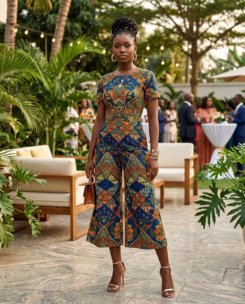 Woman wearing an Ankara culotte jumpsuit
