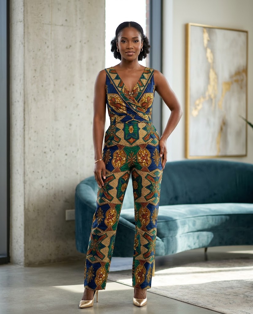 Ankara jumpsuit with a wrap-style bodice