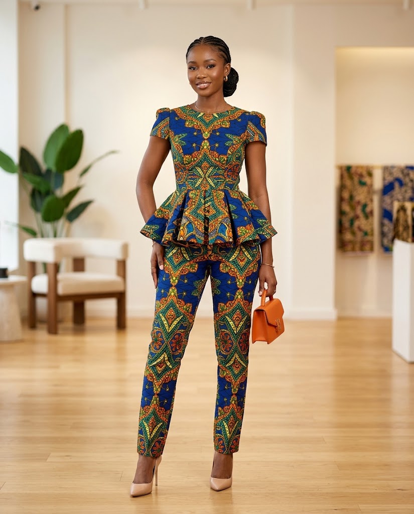 African woman wearing an Ankara peplum jumpsuit