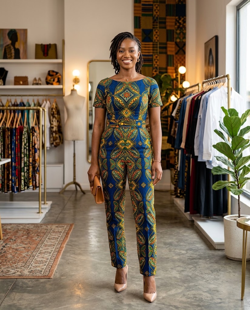Woman wearing a fitted Ankara jumpsuit