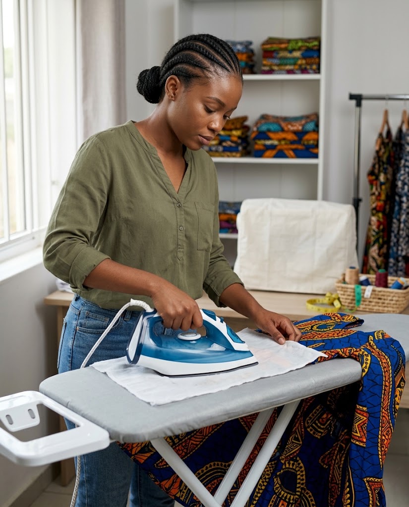 African woman carefully ironing an Ankara gown at a suitable temperature