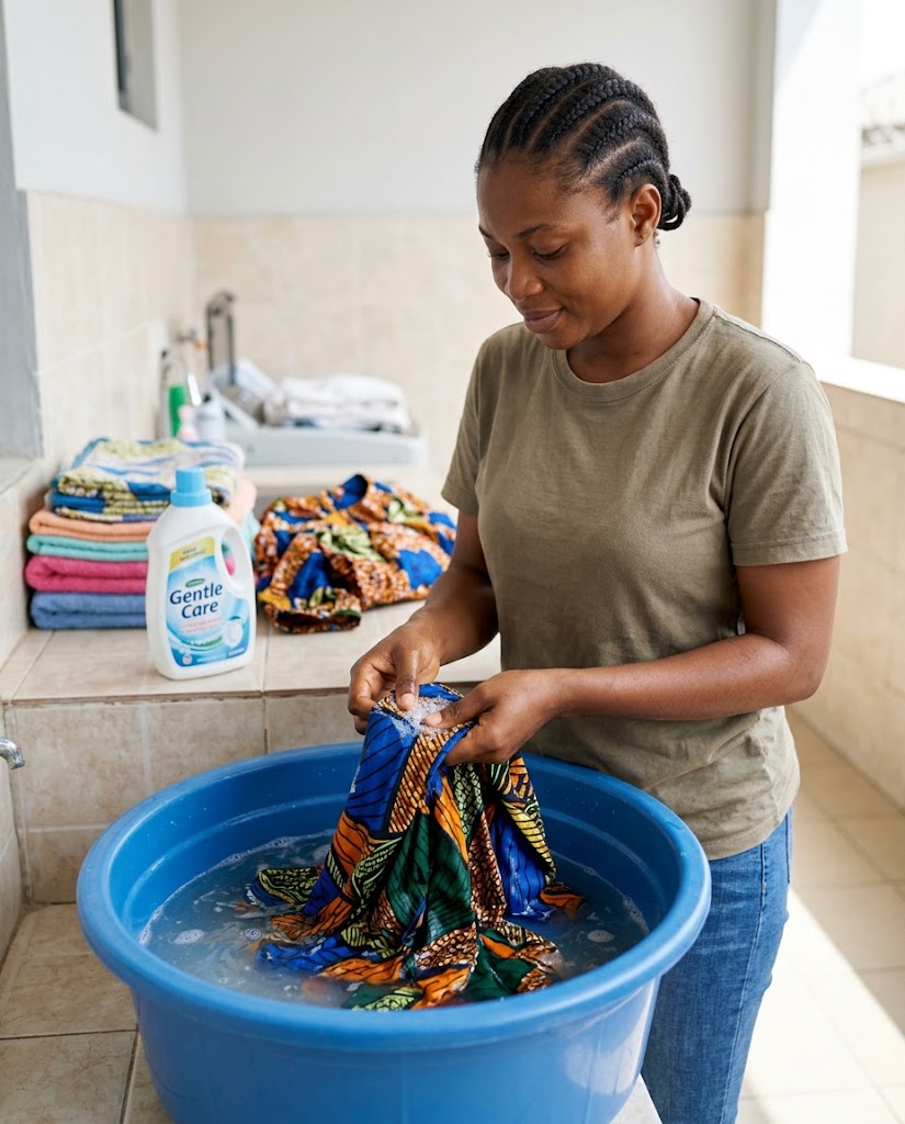 African woman gently hand-washing a colourful Ankara dress in a clean laundry area