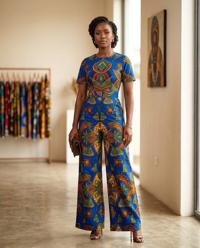 Elegant African woman wearing a wide-leg Ankara jumpsuit