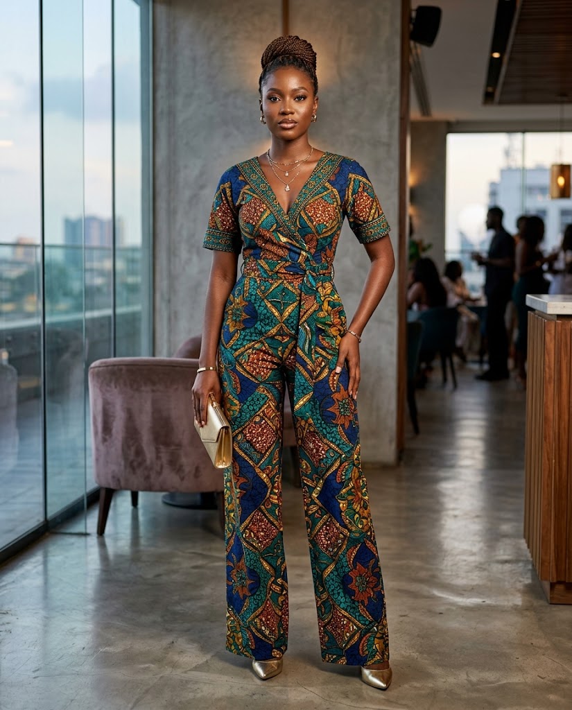 African woman wearing a V-neck Ankara jumpsuit