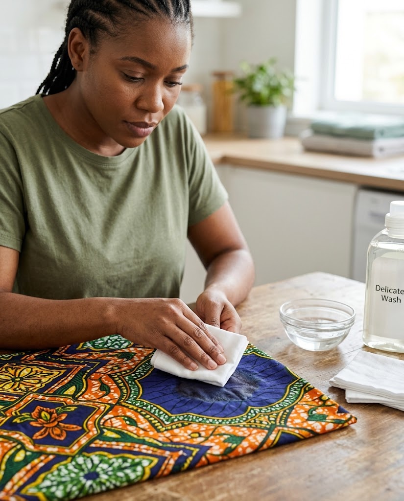 African woman testing the colourfastness of Ankara fabric with a white cloth