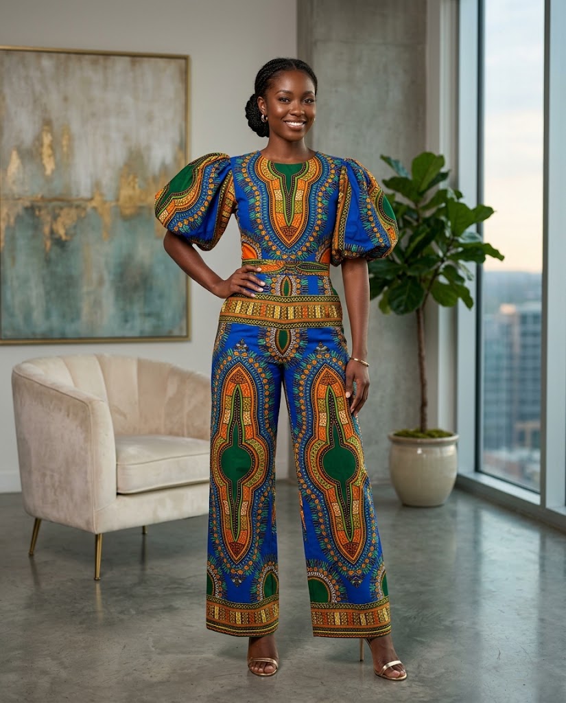 Ankara jumpsuit with statement puff sleeves