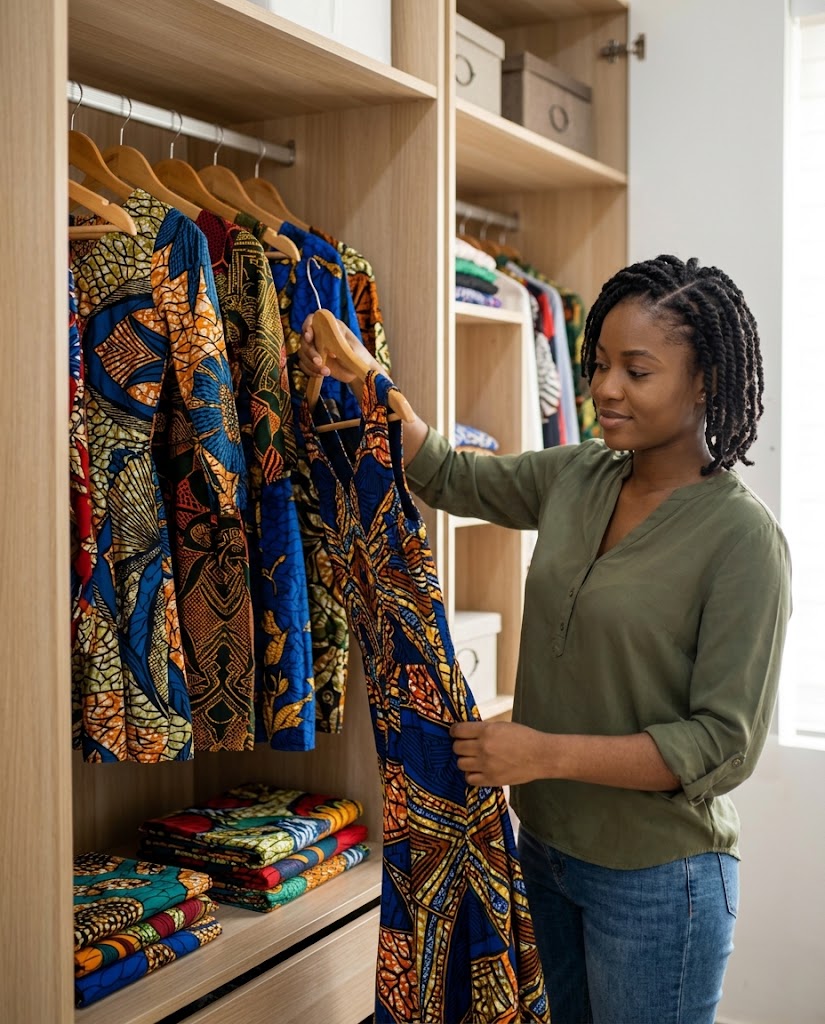 African woman organizing colourful Ankara dresses neatly in a wardrobe