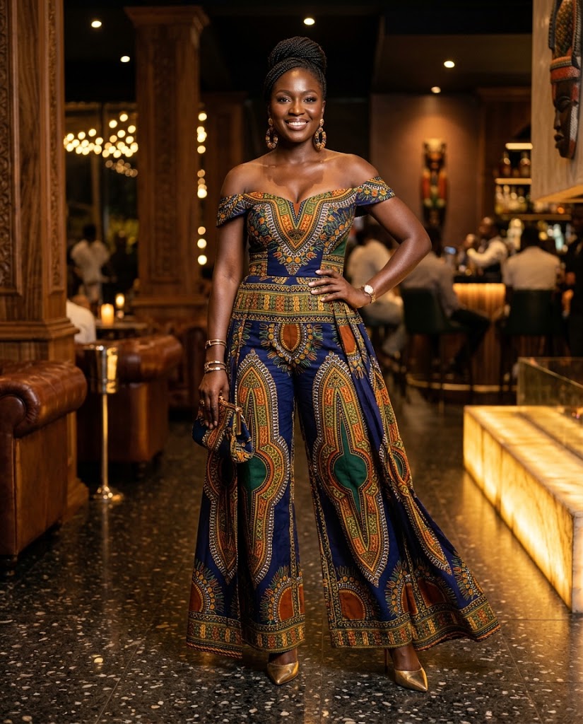 African woman wearing an off-shoulder Ankara jumpsuit