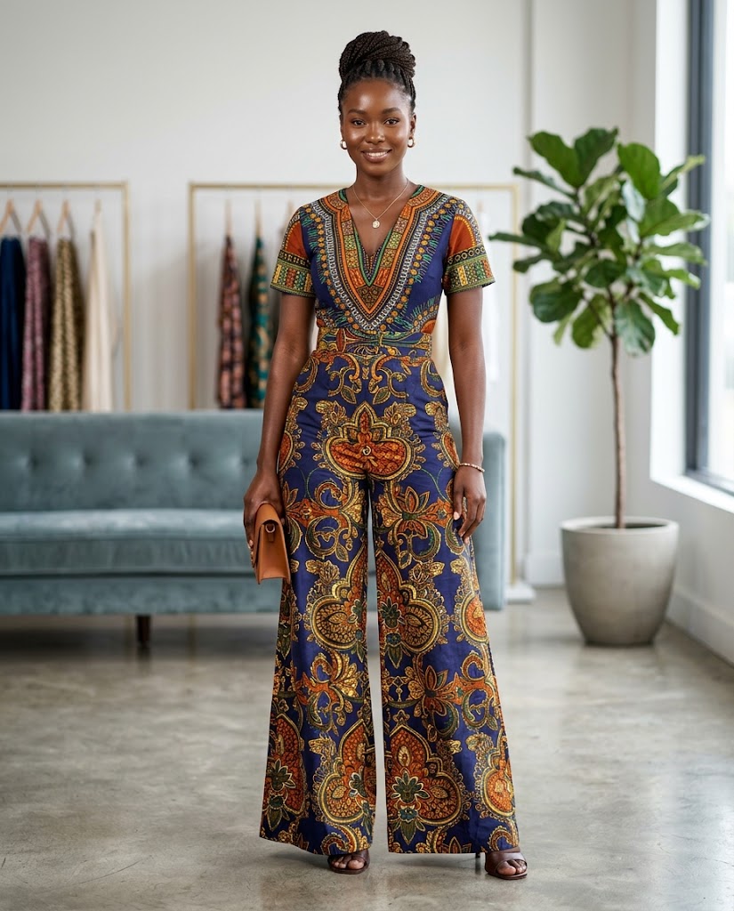 Woman wearing a two-tone Ankara jumpsuit