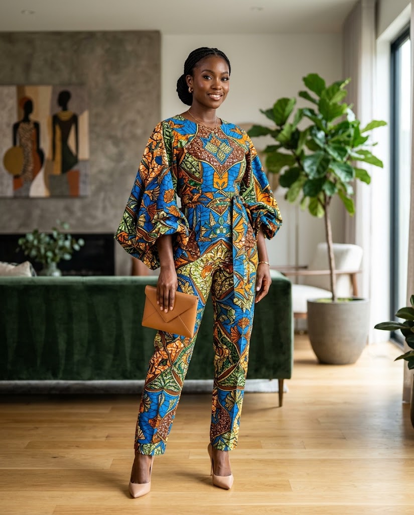 African woman wearing an Ankara jumpsuit with wide sleeves