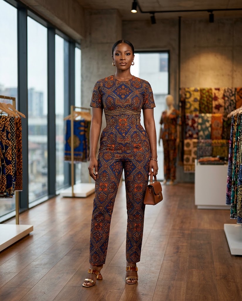 Woman wearing a tailored-waist Ankara jumpsuit